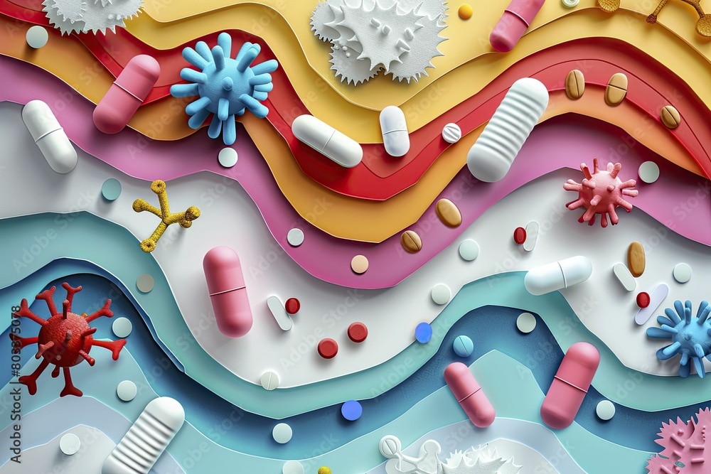Nano medicine technology depicted in minimalist paper cutouts of microscopic drug delivery systems and cells in medicinal colors, suitable for healthcare tech innovation talks or pharmaceutical ads.