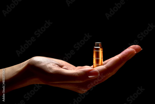 Small nuclear battery in persons hand on back background