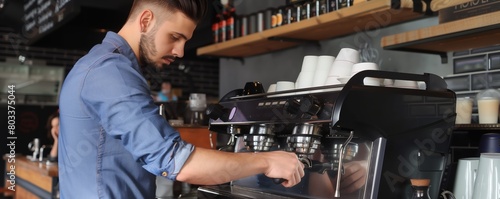 Barista working at coffee machine with blurred face