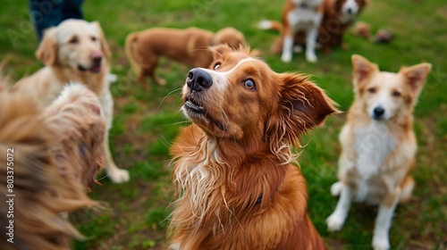 A Nova Scotia Duck Retriever dog in the park with other dogs in the background. The dog looks up waiting for a command. Dog training concept