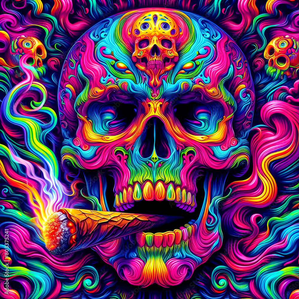 Digital art vibrant colorful psychedelic skull smoking a blunt