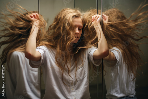 A 20-year-old girl pulling at her hair strands while a mirror reflects multiple versions of her, representing inner chaos. photo