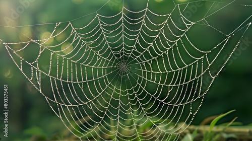 A close-up of a perfect, dew-covered spider web, its intricate design captured against a calming, forest green presentation background.