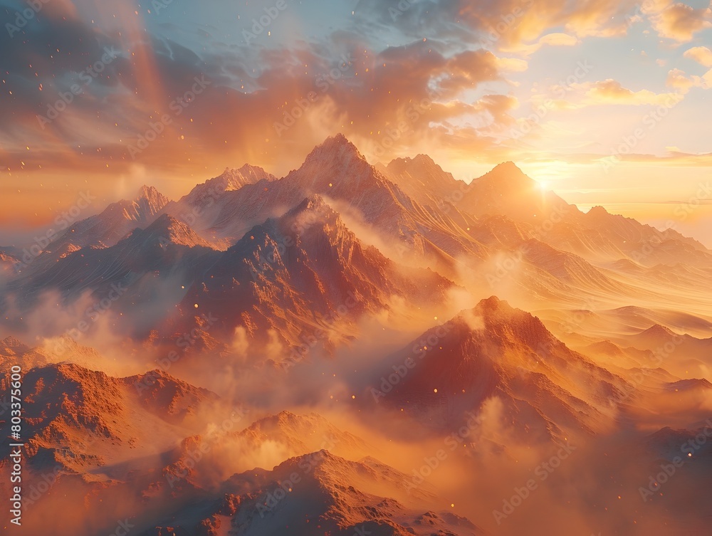 Majestic Mountain Range Shrouded in Dusty Sunset Glow in Trace Style