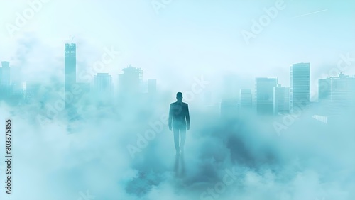 Navigating through a Smoky City: A Businessman's Quest for Crisis Solutions. Concept Urban Air Quality, Business Resilience, Crisis Management, City Navigation, Environmental Challenges