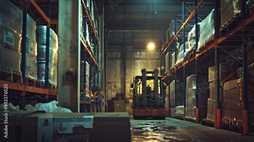 A forklift is lifting and arranging products on shelves in a warehouse. 