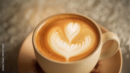 A perfectly crafted latte with a delicate heart-shaped latte art  set against a smooth background.