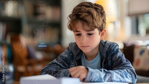 A focused young boy struggles with reading difficulties while doing homework. Concept Struggles with Learning, Reading Difficulties, Schoolwork Challenges, Focused Young Boy, Education Challenges