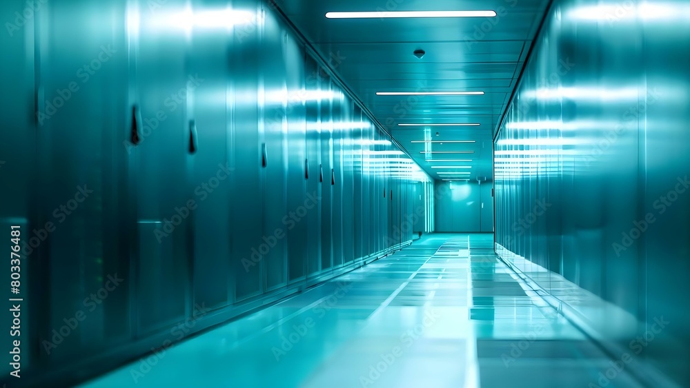 Secure Data Storage: A Modern Server Room Corridor with Soft Lighting and Calm Ambiance. Concept Server Room Design, Soft Lighting, Modern Corridor, Data Storage, Secure Ambiance