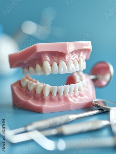 Closeup of aligned teeth models and dental tools on a blue background, emphasizing dental care and orthodontics
