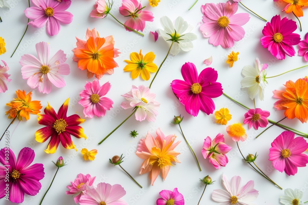 Colorful Variety of Flowers on White Surface Colorful Variety of Flowers on White Surface