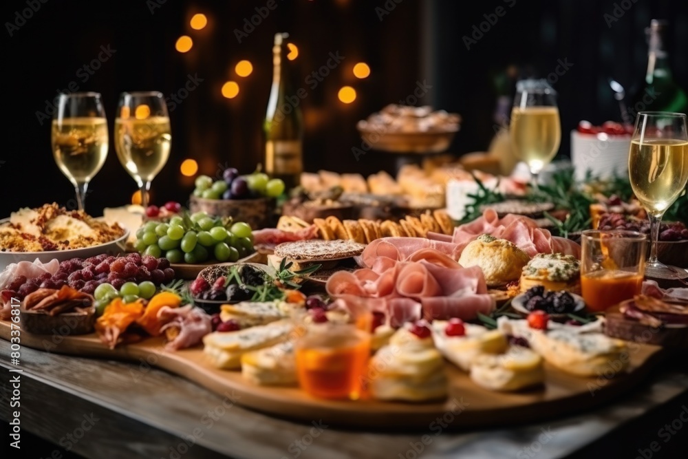 Light snacks in a plate on a buffet table. Assorted mini canapes, delicacies and snacks, restaurant food at event. A gala reception. Decorated delicious table for a party goodies. Light snacks in a plate on a buffet table. Assorted mini canapes, delicacies and snacks, restaurant food at event. A gala reception. Decorated delicious table for a party goodies.