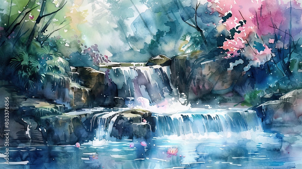 Waterfall watercolor background. Watercolor waterfall landscape, painting style. nature wallpaper on canvas