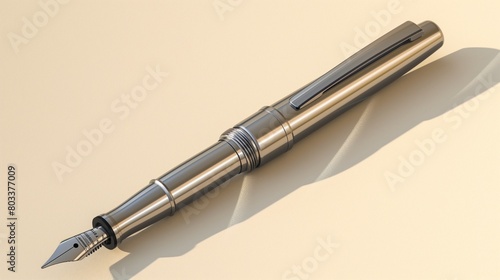 A sleek, metallic fountain pen, its shadow elongated on a smooth, sandstone beige presentation background.