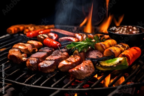 Grilled sausages and vegetables sizzling on a grill, creating a mouthwatering and flavorful meal.