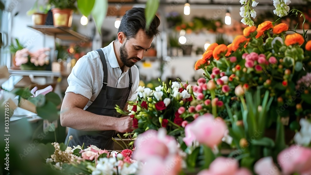 Florist preparing funeral flowers in store. Concept Floral Arrangements, Funerals, Grief Support, Florist Services, Memorial Tributes Florist preparing funeral flowers in store. Concept Floral Arrangements, Funerals, Grief Support, Florist Services, Memorial Tributes