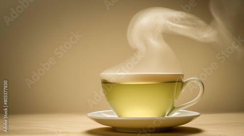 An elegant, white porcelain teacup filled with steaming green tea, the steam rising in delicate swirls, set against a smooth, warm beige background.