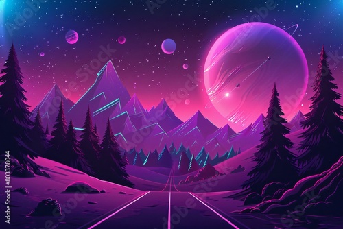 Dark synthwave landscape with mountains  trees and planets in the sky 
