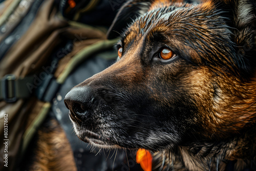 A close-up portrait of a shepherd service dog on a task