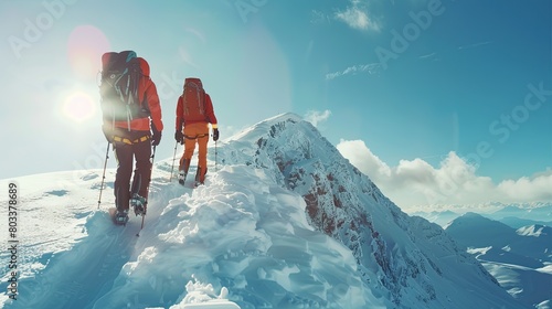 winter mountain climbers climbing extreme trekking alpinist adventure alps. Travel banner. activity on vacation photo