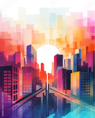 Abstract cityscape  Geometric buildings  Vibrant sunset colors  Silhouette skyline  Contemporary urban art