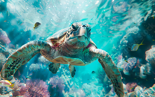 Large Sea Turtle underwater  wild nature and animals concept