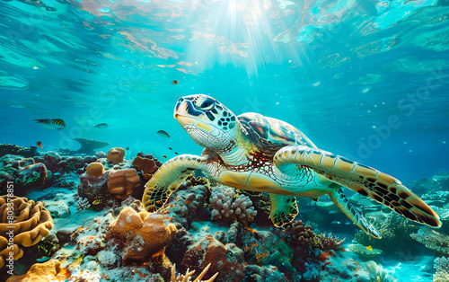 Large Sea Turtle underwater, wild nature and animals concept