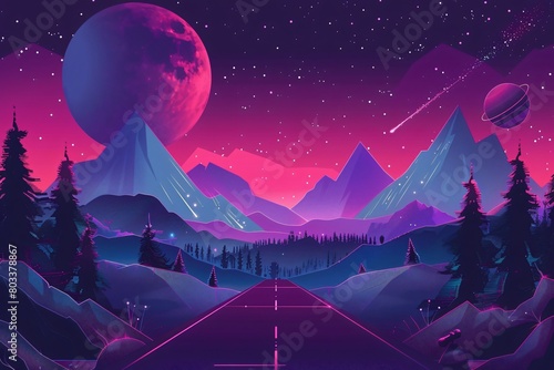 Dark synthwave landscape with mountains, trees and planets in the sky 