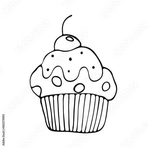 A cute hand-drawn muffing, a black and white  cupcake icon, a pastry doodle, a cake sketch