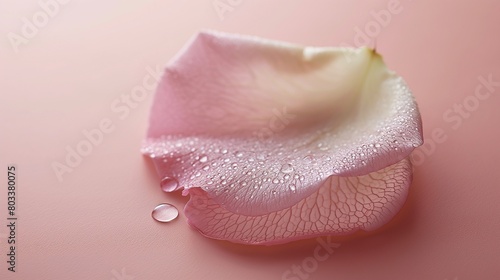 A single, dew-kissed rose petal, its delicate veins and soft color captured in exquisite detail, set against a smooth, blush pink background.