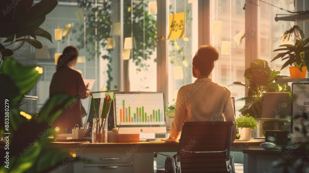 business people working in office, looking to different charts with growing revenue in the future hyper realistic and natural colors business people working in office, looking to different charts with growing revenue in the future hyper realistic and natural colors