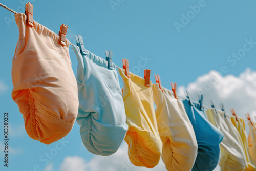 Eco friendly reusable cotton diapers on clothesline photo