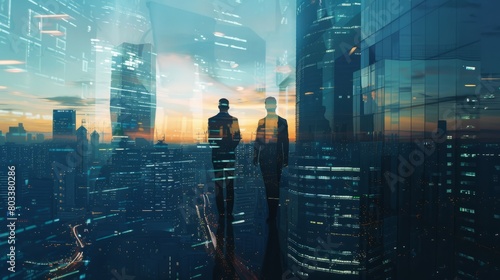 Wallpaper Mural business successful people double exposure with highrise modern city office building business people standing together success agreement and working together,ai generate hyper realistic  Torontodigital.ca