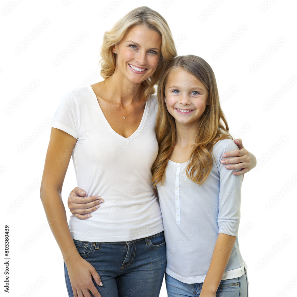 Smiling Mother and Daughter Embracing in Casual Clothing Against Transparent Background Smiling Mother and Daughter Embracing in Casual Clothing Against Transparent Background