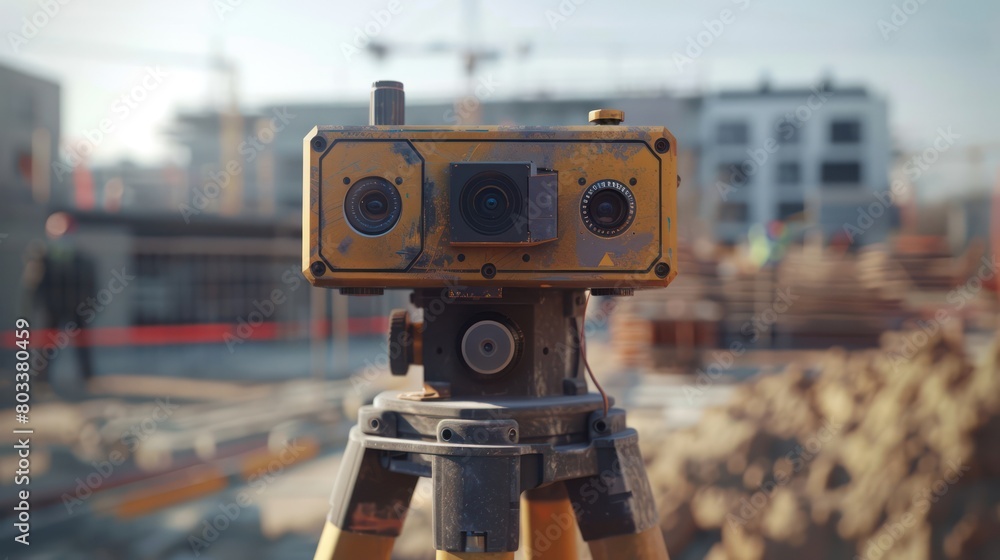 Close-up of a laser scanner in use at a construction site, capturing high-resolution mapping data, sharp focus on device