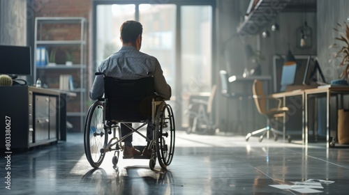 Disabled businessman in wheelchair in office workplace. Concept of inclusive employment and equality in business hyper realistic 