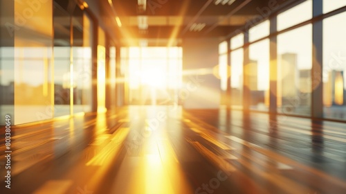 Empty open space business office. Motion blur, warm tones, abstract defocused background. Concept image of modern workplace interior. AI generative. hyper realistic 