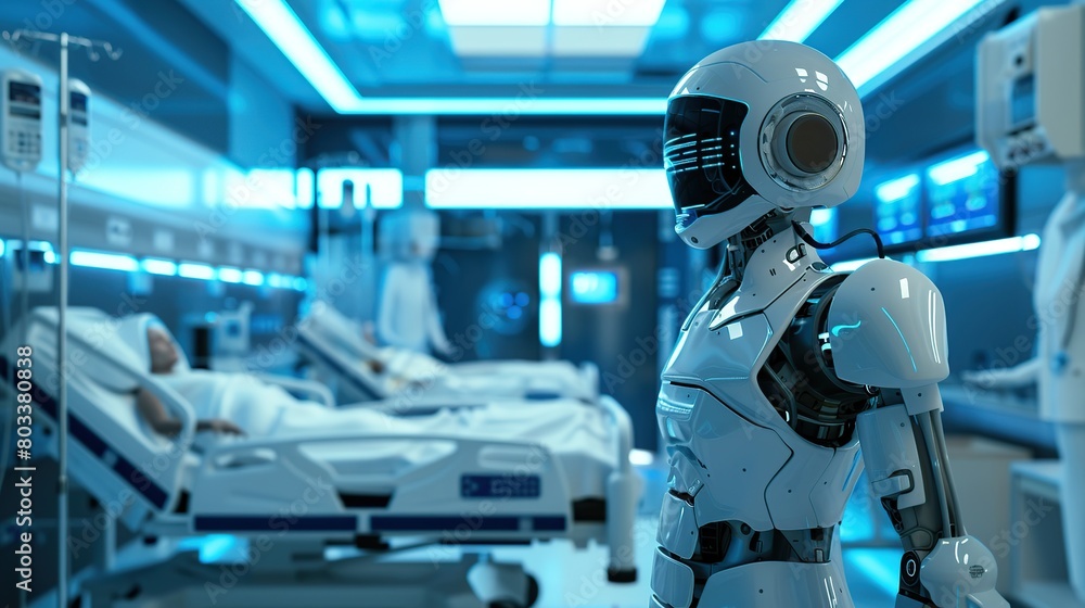 Advanced robots stand in hospital rooms, observing bedridden people.