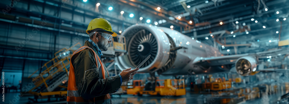 Innovative Engineer Captures Aircraft Assembly in Hangar with Digital Tablet Innovative Engineer Captures Aircraft Assembly in Hangar with Digital Tablet