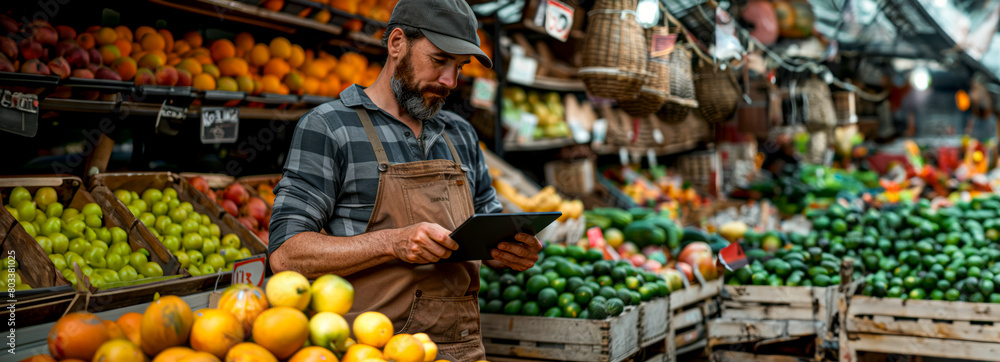 Obraz premium Navigating Fresh Produce Markets: A Digital Farmer's Guide to Selecting the Best Fruits using a Tablet