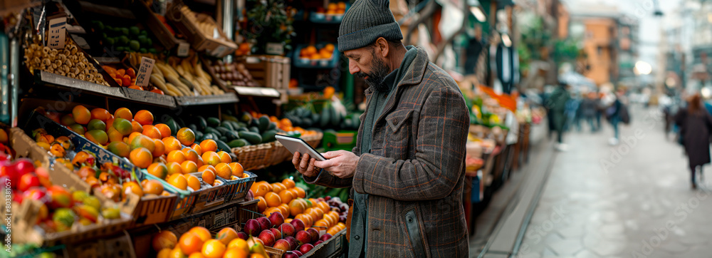 Fototapeta premium Tech-Savvy Tablet Revolutionizes Fruit Selection Analysis at Market for Digital Farmer