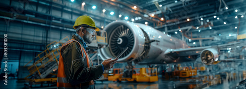 Innovative Engineer Captures Aircraft Assembly in Hangar with Digital Tablet photo