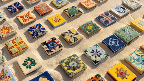 An array of hand-painted ceramic tiles, each with a unique, vibrant pattern, laid out in a precise grid against a smooth, light sand background. photo