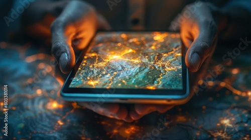 Close-up of hands holding a device with geospatial maps, focused on infrastructure development areas, dynamic site lighting photo