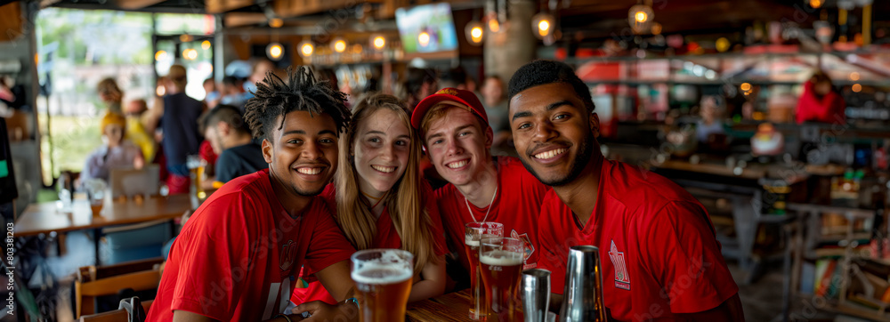 Scarlet-clad football enthusiasts celebrating game day joy at nearby pub, holding a cold brew in hand