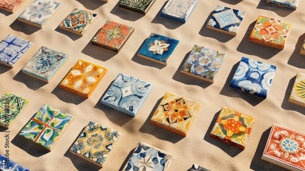An array of hand-painted ceramic tiles, each with a unique, vibrant pattern, laid out in a precise grid against a smooth, light sand background.