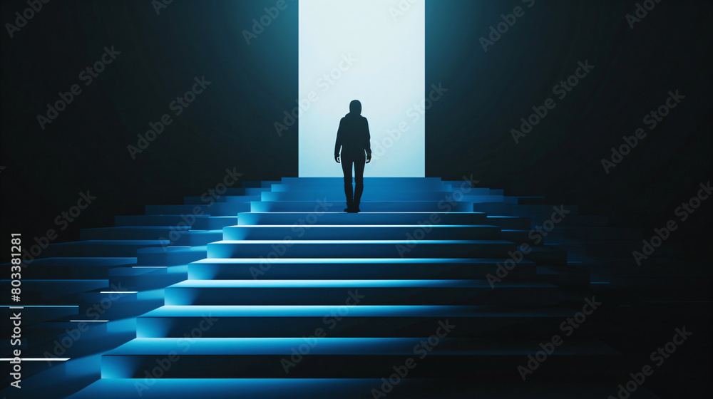shiluette of a person walking down stairs in minimalist abstract concept