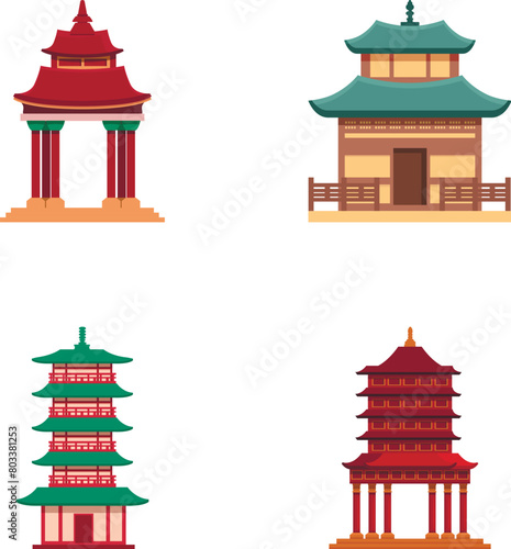 Chinese temple icons set cartoon vector. Asian traditional building. Oriental ancient architecture