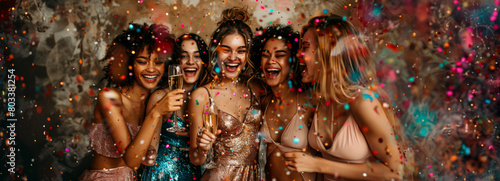 Cultural Sisterhood Celebration: Embracing Diversity with Laughter, Champagne, and Stylish Attire in a Confetti-Filled Party