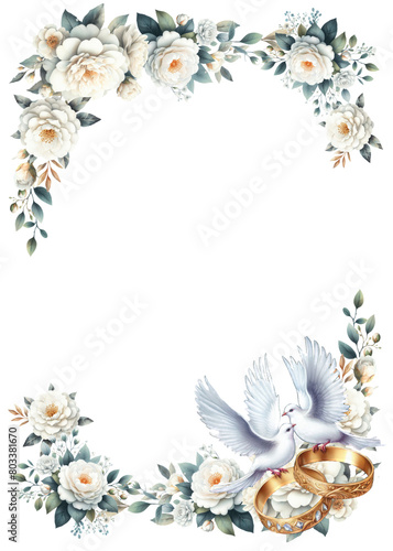 Rectangular square floral frame with white flowers, marriage rings and white birds in love. Decorative wedding invitation frame, watercolor on a transparent background